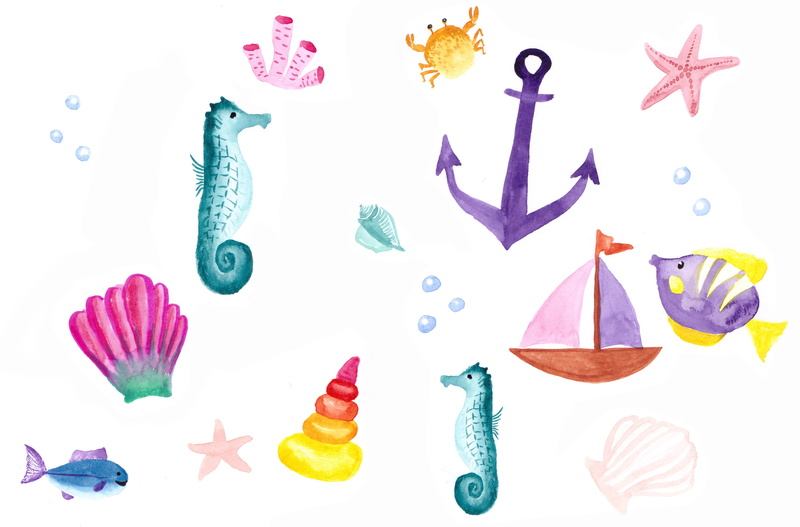 multi colored, large group of objects, studio shot, seahorse, water, no people, holiday, sea, painted image, variation, beach, group of objects, in a row