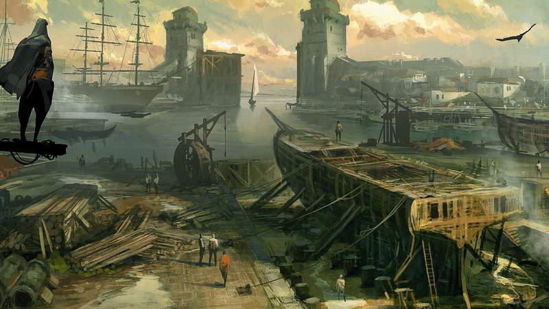 shipyard, construction industry, concept art, water, built structure, digital composite, outdoors, artwork, architecture, nature, real people, sky, 1080P