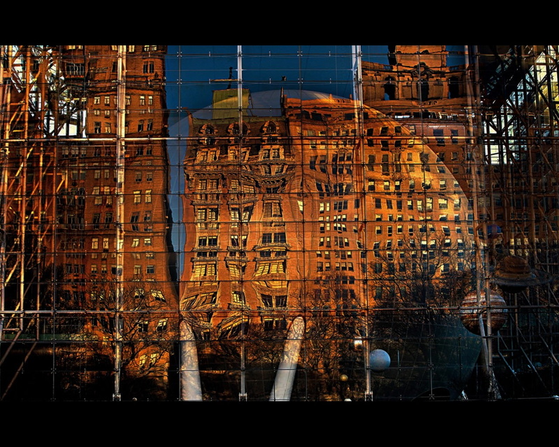 digital art, building, scaffolding, travel, mirror, construction industry, development, construction site, built structure, town, architecture, transfer print