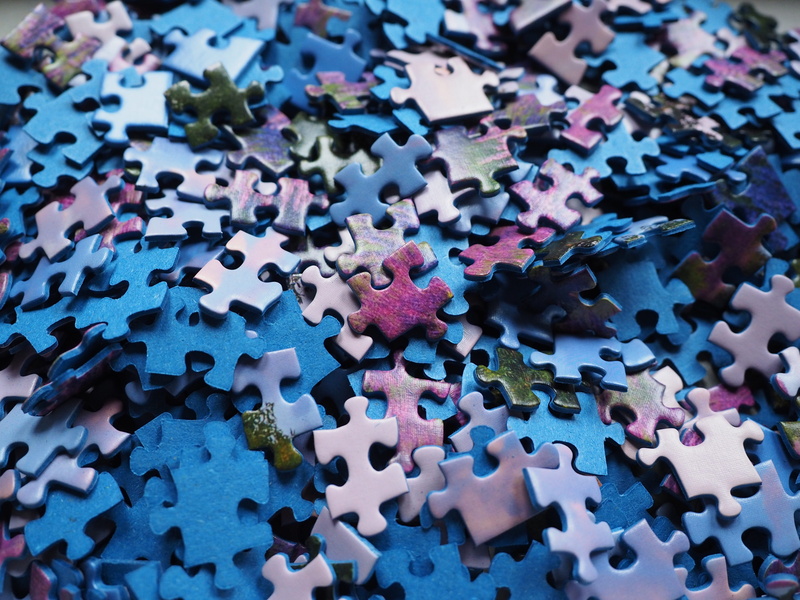 connection, still life, indoors, pieces of the puzzle, share, high angle view, solution, leisure games, blue, pattern, boredom, no people, multi colored