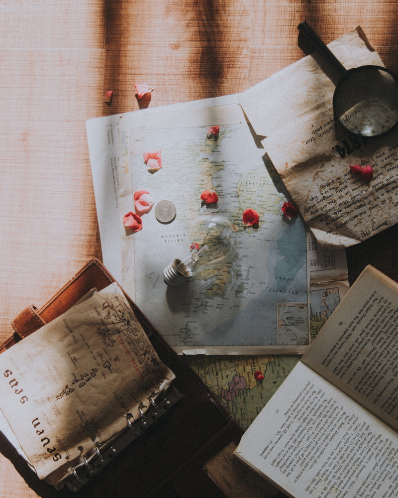 freshness, edison, no filter, flatlay, travel, group of objects, still life, no people, paper, layout, history, bulb, page, petals, text, papers, books