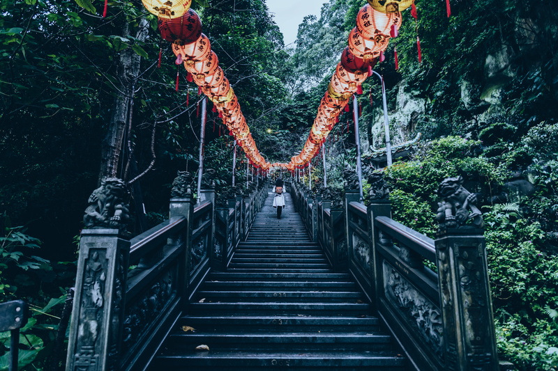 railing, architecture, women, journey, asia, the way forward, footbridge, lighting equipment, bridge, chinese lanterns, tree, cultures, transportation