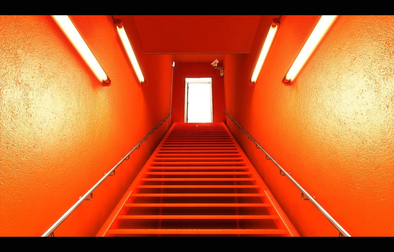 orange color, built structure, staircase, illuminated, day, video games, no people, Mirrors Edge, stairs, door, corridor, screenshots, building, transfer print
