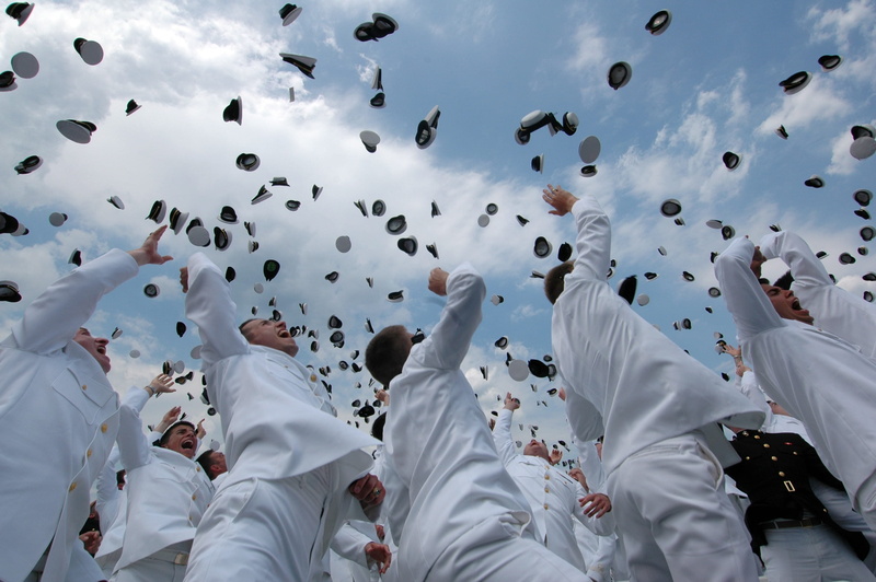 large group of people, crowd, celebration, completion, sailors, military, throw, enjoyment, real people, men, navy, nature, white color, group of people
