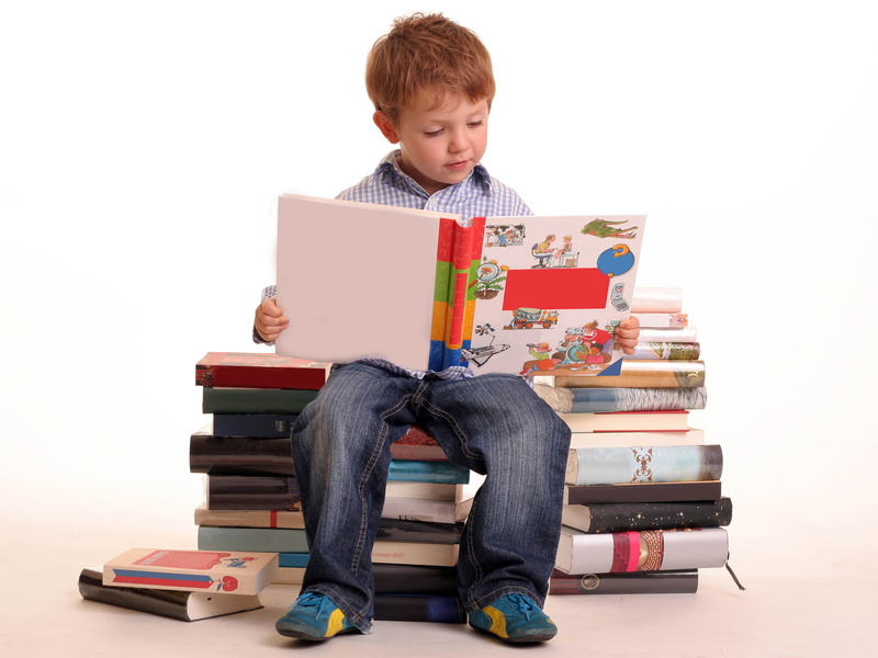 education, boys, child, 5K, homework, blue, innocence, looking, caucasian Ethnicity, stack, s, denim, white, learning, book, literature, studio shot, cheerful