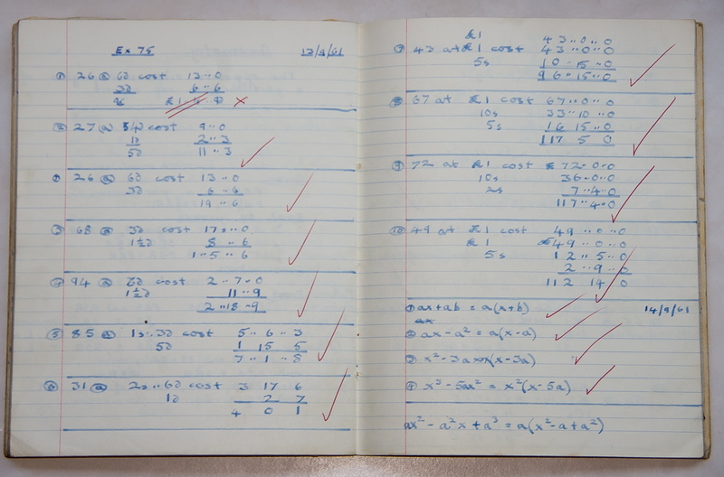 1960s, showing, maths, equation, message, correct, list, writing, 2K, document, book, high angle view, sums, number, text, handwriting, communication