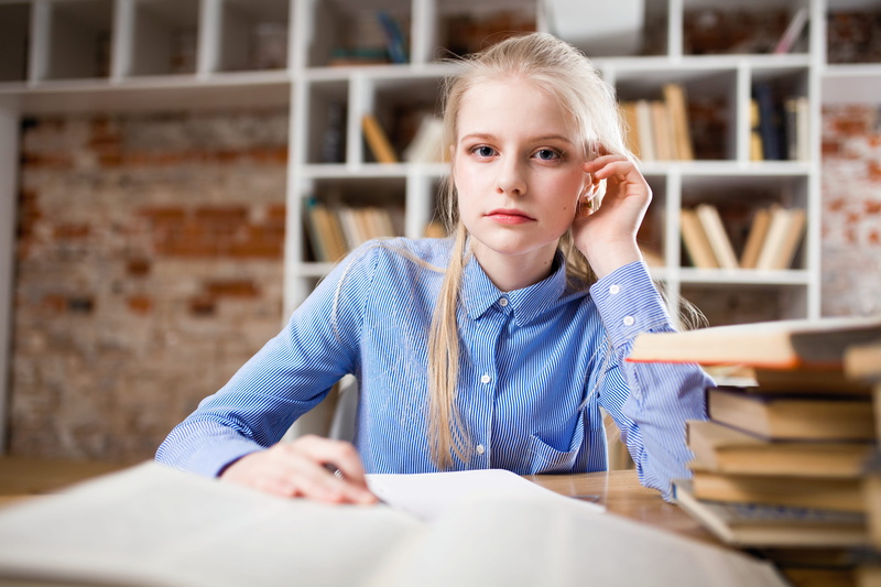 beautiful, woman, education, serious, young, bookshelf, student, hair, hand, portrait, shelf, ear, child, girls, studying, 5K, table, teenager, female