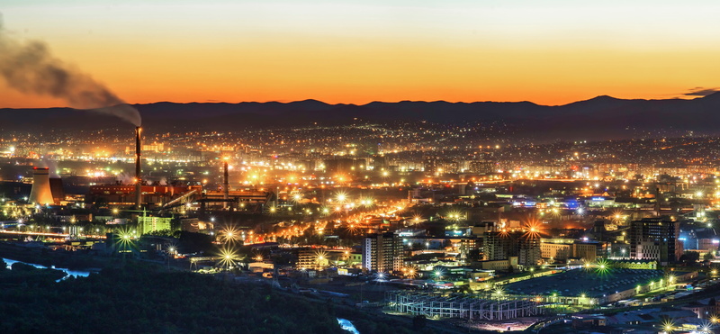 architecture, cityscape, 8K, mountain, lighted, modern, outdoors, ulaanbaatar western, capital, near, office building exterior, nature, travel destinations