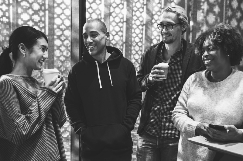 black and white, cafe, espresso, calm, caucasian, standing, delicious, ha, drink, coffee culture, friendship, young women, happiness, asian, men, casual clothing