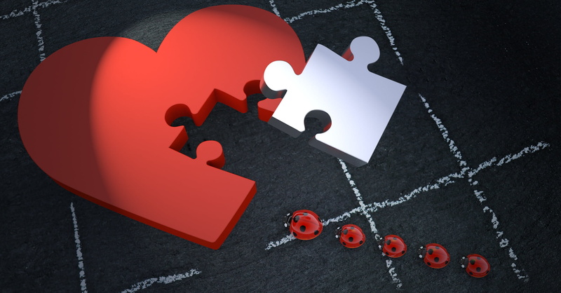 separation, greeting card, white, sign, red, day, puzzle piece, heart, sport, herzchen, solution, heart shape, lucky ladybug, togetherness, missing, close-up