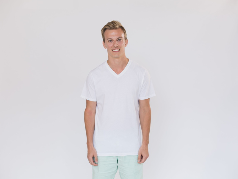 white background, casual clothing, front view, Clothes, hair, tshirt, emotion, confidence, smiling, standing, portrait, blond hair, one person, studio shot