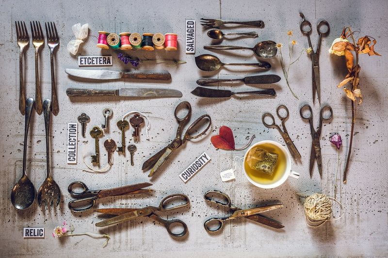 indoors, workshop, large group of objects, directly above, choice, kitchen utensil, tool, spoon, equipment, high angle view, still life, collage, hand tool