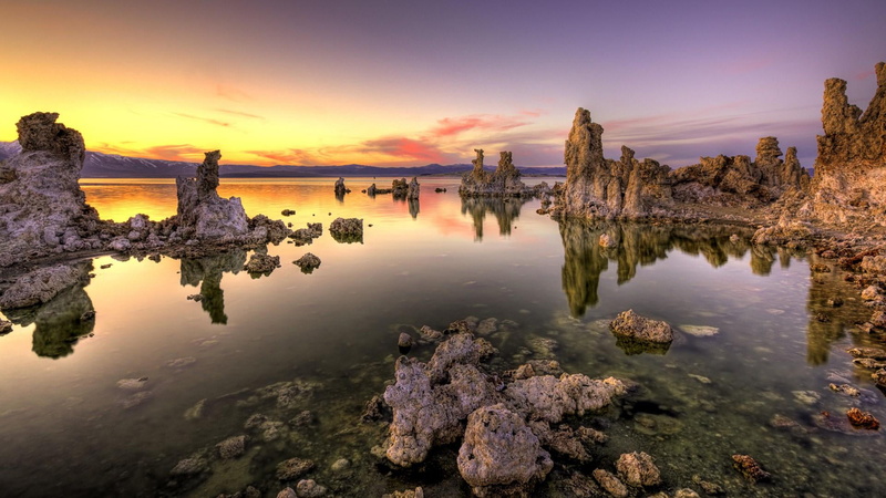 tranquility, lee vining, scenics - nature, rock, reflection, rock - object, sunset, sun, salt lake, mono lake tufa state natural reserve, tranquil scene
