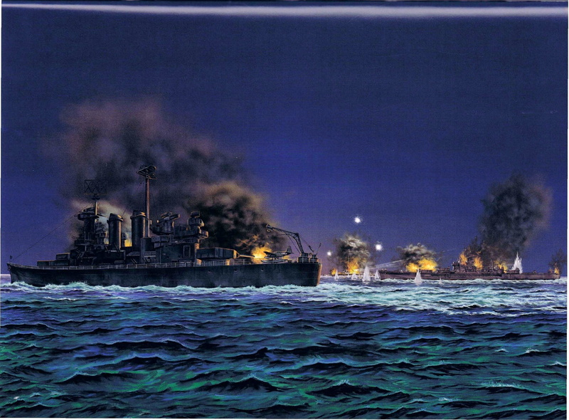 cruiser, WW2, art, ship, sea, building exterior, industry, illuminated, 14 Nov 1942, outdoors, architecture, nature, smoke - physical structure, no people