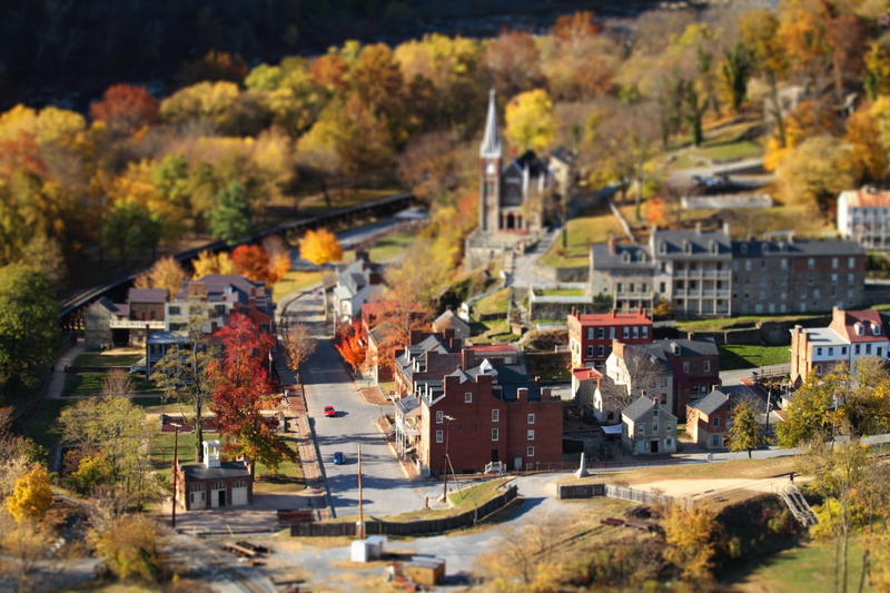 concrete, town, trees, 1080P, small, Autumn, tilt shift, buildings, small town, houses
