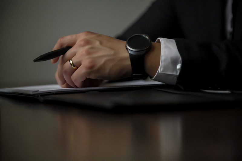 one person, work, composition, preparation, table, body part, wristwatch, pen, office, hands, ring, men, person, desk, close-up, corporate attire, business