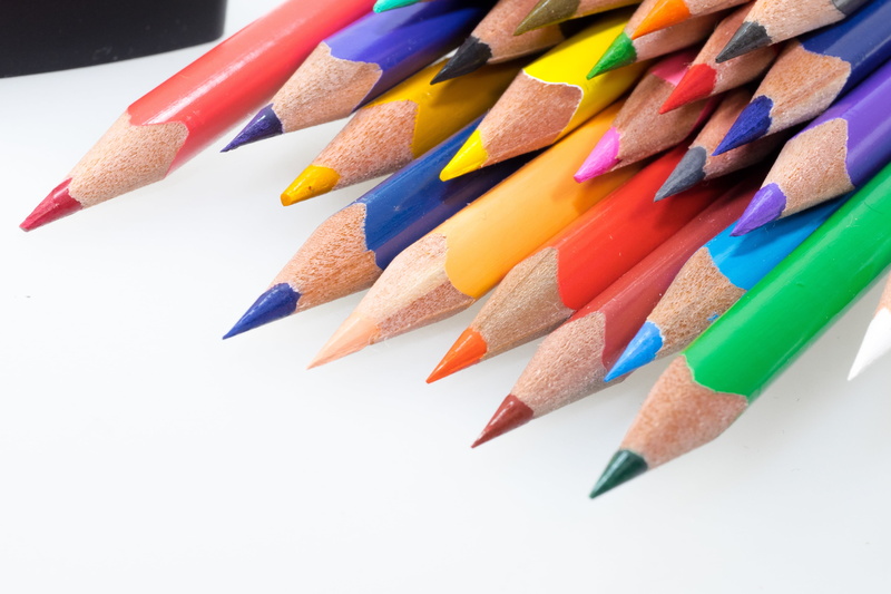 school, craft, colored pencil, color series, no people, blue, variation, large group of objects, close-up, group of objects, art and craft equipment, kindergarten