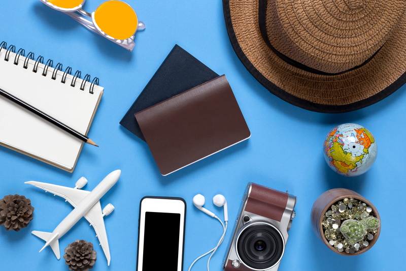 topview, indoors, traveler, directly above, high angle view, 2K, flat, smart phone, no people, digital tablet, food and drink, large group of objects