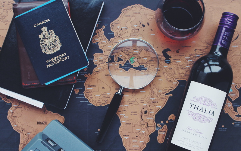 download 3840x2400 wine, magnifier, Map, 4K, passport backgrounds, wine, journey