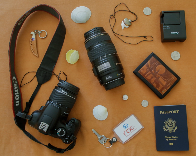large group of objects, shells, communication, headphones, passport, camera, camera - photographic equipment, wood - material, equipment, connection, travel