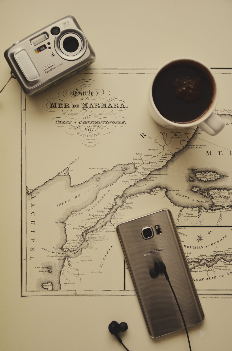 4K, food and drink, gadgets, table, text, business, camera, earbuds, coffee, connection, cup, high angle view, travel, black, equipment, photography themes