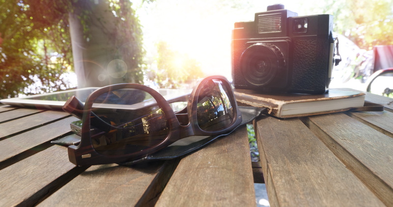 antique, close -up, wood - material, day, wood, 4K, camera - photographic equipment, items, objects, outdoors, table, glasses, book, retro styled, sunlight