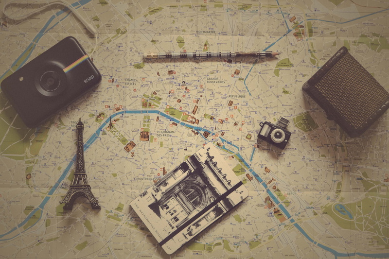 equipment, near, figurine, on top, document, photography themes, old, eiffel, map, still life, the past, flooring, gray, navigational compass, paper, technology
