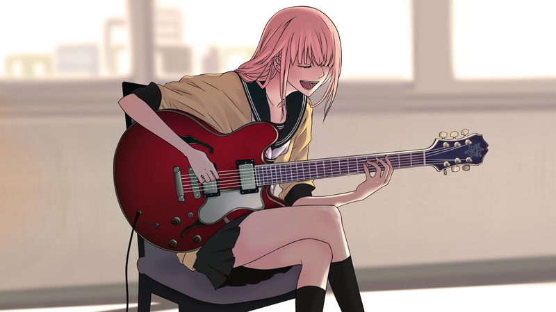 acoustic guitar, skill, anime girls, focus on foreground, Vocaloid, day, leisure activity, illustration, playing, Megurine Luka, musician, music, plucking an instrument