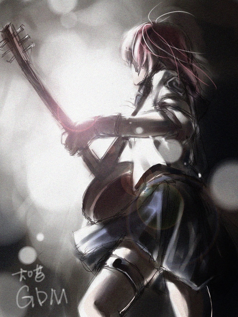 close-up, musical instrument, anime, adult, three quarter length, hairstyle, representation, string instrument, arts culture and entertainment, indoors