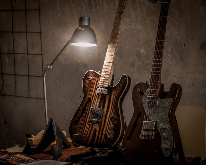 wall - building feature, brown, pizzighettone, light, musical equipment, guitars, music, bass guitar, lamp, wall, guitar, vase, jar, italy, indoors, lighting equipment