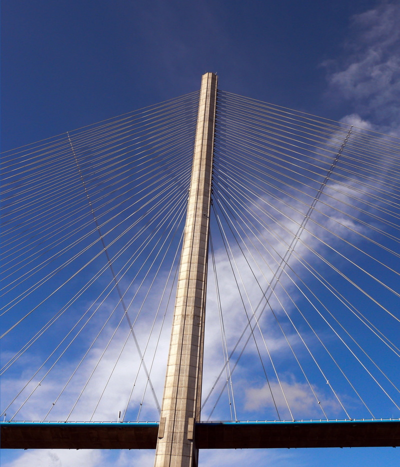 river, day, normandy bridge, travel destinations, lanyards, roads, bridge, office building exterior, connection, skyscraper, no people, cloud - sky, cloud