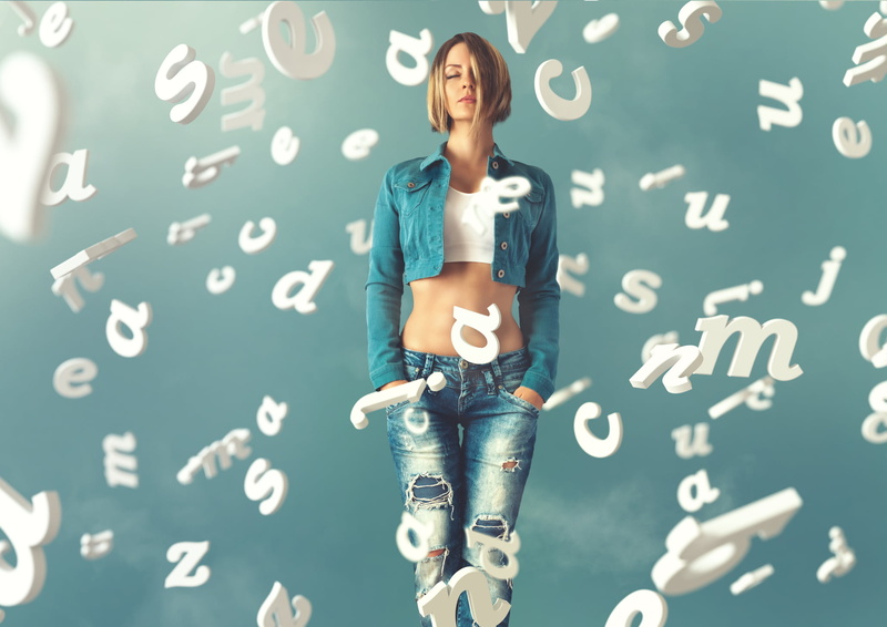 technology, women, model, front view, letter, face, blue background, denim, blackboard, number, education, contemplation, digital art, text, young adult