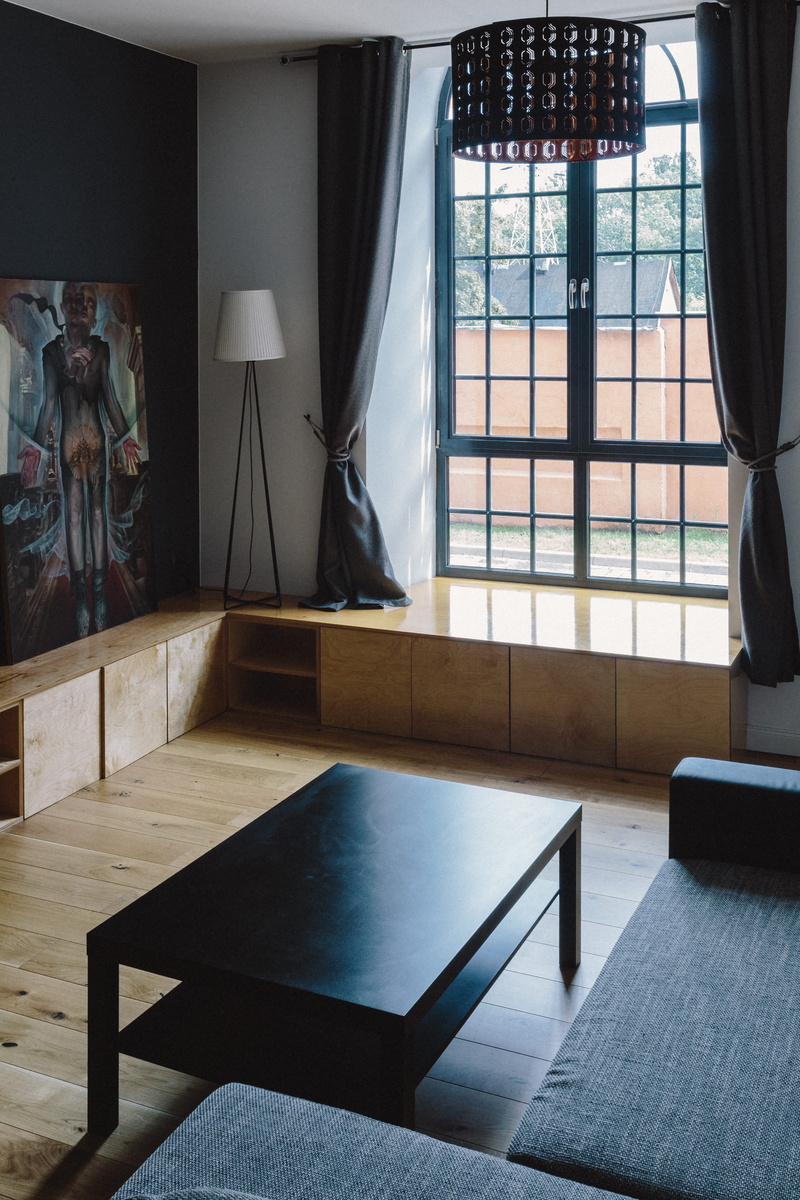 absence, loft, wood - Material, curtain, day, flooring, glass - material, loft apartment, interior design, window, seat, dark walls, domestic Room, reflection
