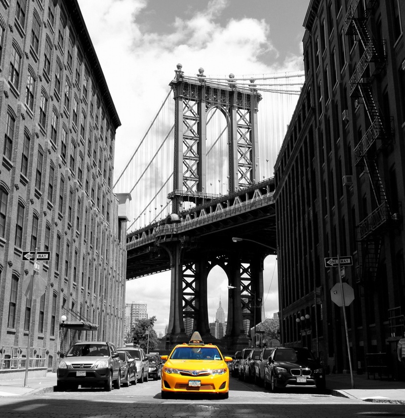 yellow taxi, american, travel, yellow, landmark, road, cityscape, selective, urban, taxi, mode of transportation, bridge, buildings, office building exterior
