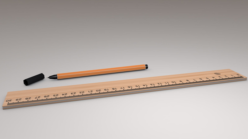 education, school, scale, geometry, rubber, fineliner, high angle view, centimeters, wooden ruler, instrument of measurement, gray, studio shot, copy space