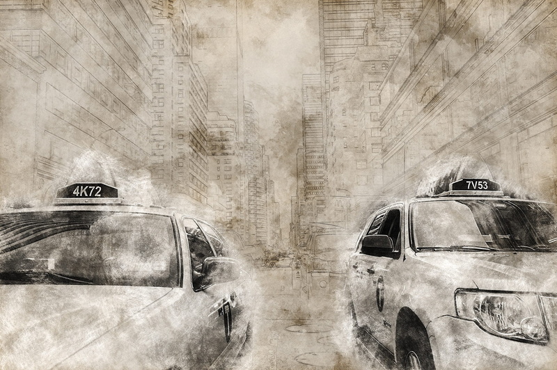 two, vintage, architecture, taxi, traffic, cars, accidents and disasters, day, machines, city, america, no people, sepia, damaged, 1080P, car, painting