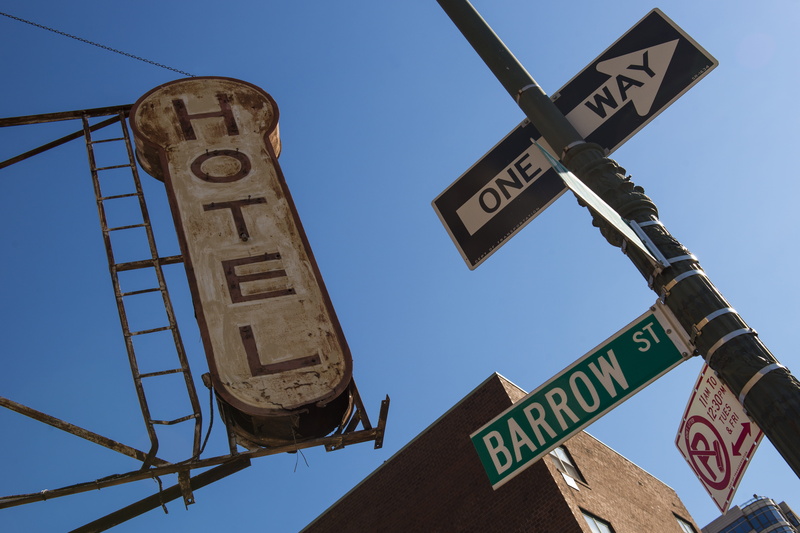 america, urban, directional sign, information sign, panel, sky, barrow, symbol, western script, one way, hotel, guidance, sign, traffic arrow sign, information