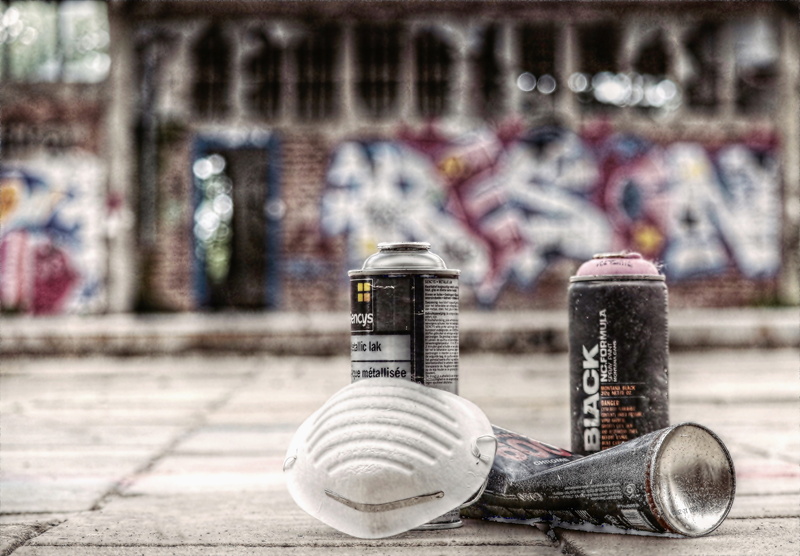 style writing, sprayer utensils, leave, traffic, footpath, spray, focus on foreground, two, mask, vandalism, hdr image processing, spray cans, hdr, mood
