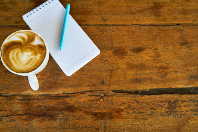 Latte, background, good morning, note, ruled, coffee cup, Photo, blue, brown, wood - material, Food, indoors, froth art, frothy drink, beside, Cappuccino