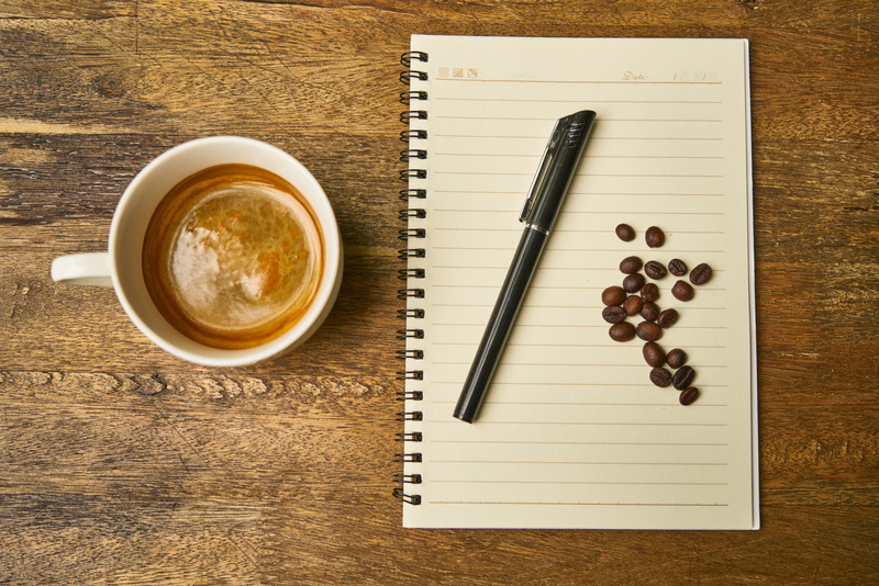 good morning, work, directly above, food and drink, espresso, table, wood, brown, close-up, food, food photo, macro, mug, indoors, spiral notebook, to write