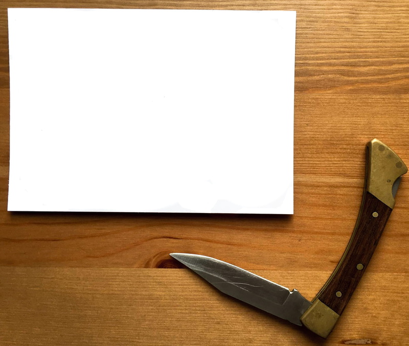 paper, pocket, knife, stainless, wood - material, board, communication, wood, blank, empty, auto post production filter, high angle view, wireless technology