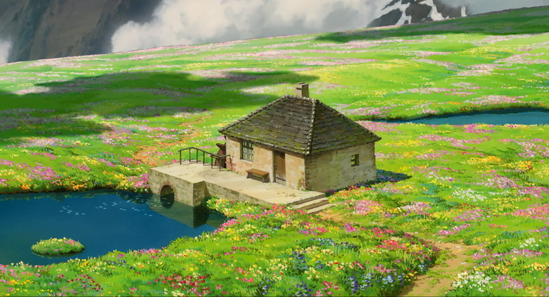 water, pictures, flowers, nature, house, anime, landscape, 1080P, drawing, Howls Moving Castle