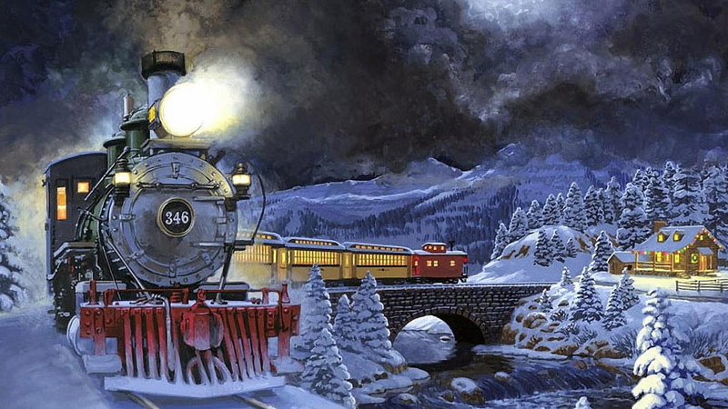 night, stone, winter, bridge, trees, train, house, moving, snow, cozy, 2K, light