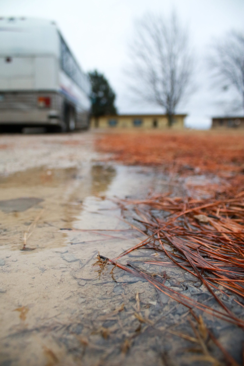 ground, road, winter, puddle, land vehicle, cold temperature, plant, snow, truck, housing, vehicle, surface level, 5K, transportation, mud, street, bus