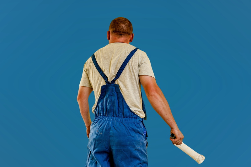 job, clear sky, one person, painter, renovate, three quarter length, paint, males, wall, upholsterers, shorts, house painter, delete, adult, housebuilding