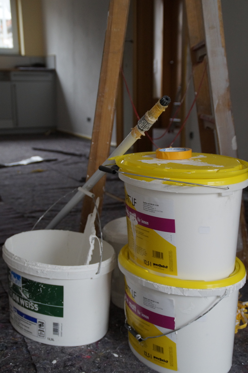 painting, indoors, wood - material, container, conversion, renovation, bucket, flooring, building, focus on foreground, paint, box, still life, architecture