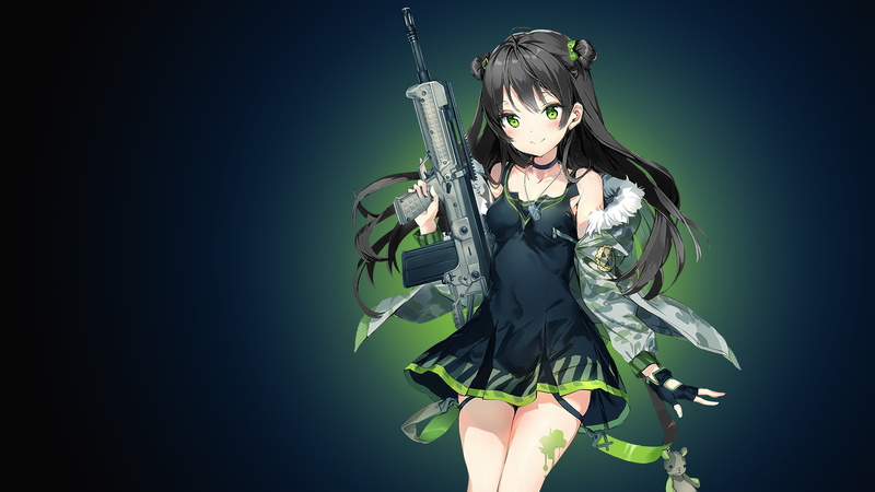 dress, illustration, girl, Girls Frontline, black, 4K, haired, automated, mini, gun, Green, fully, Anime girl, holding, gray, 4K