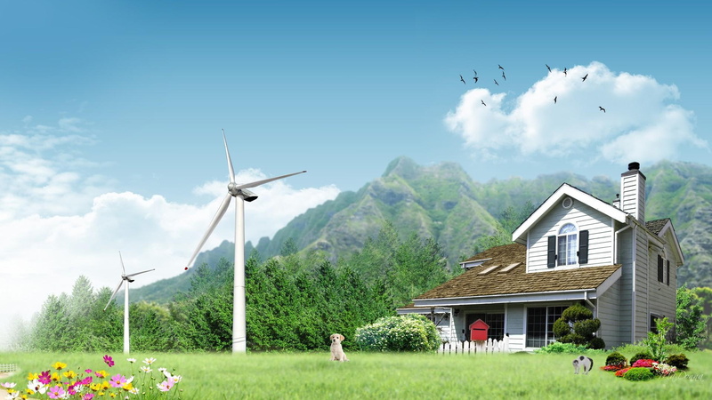 power, home, eco, windmills, animals, house, flowers, 1080P, ecology