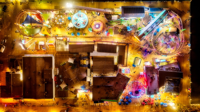 roller coaster, funfair, transportation, blurred motion, ferris wheel, street, motion, evening, no people, wheel, floor, carnival, night, city, digital composite