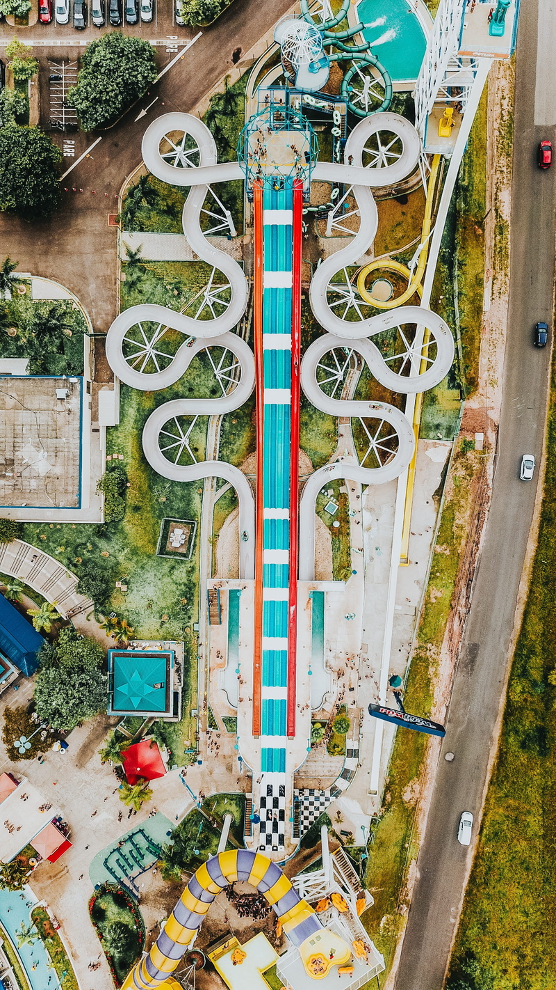 plot, high angle view, city, furniture, outdoors, animal, road, 4K, motor vehicle, transportation, urban, aerial view, campus, water, day, scenery, map